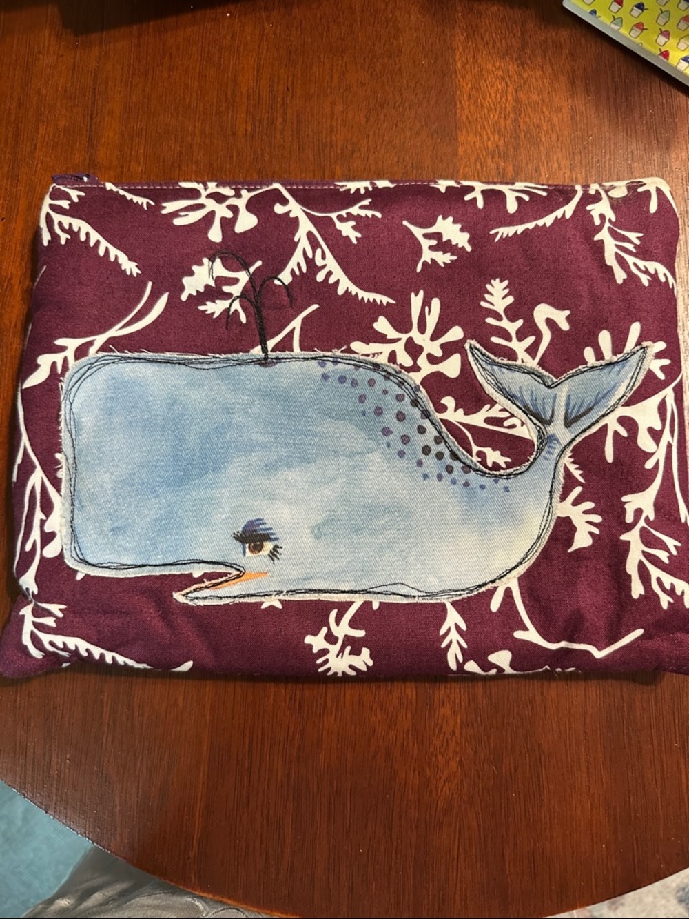 Shabby Chic Coastal Blue Whale Decorative Storage Pouch on Plum Background